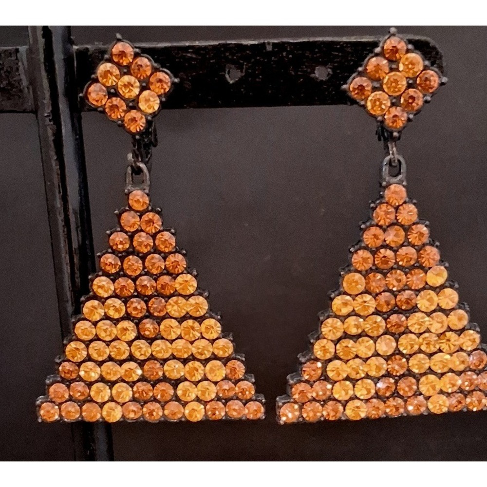 Vintage Orange Amber Rhinestone Triangle Drop Clip On Earrings Gunmetal Tone